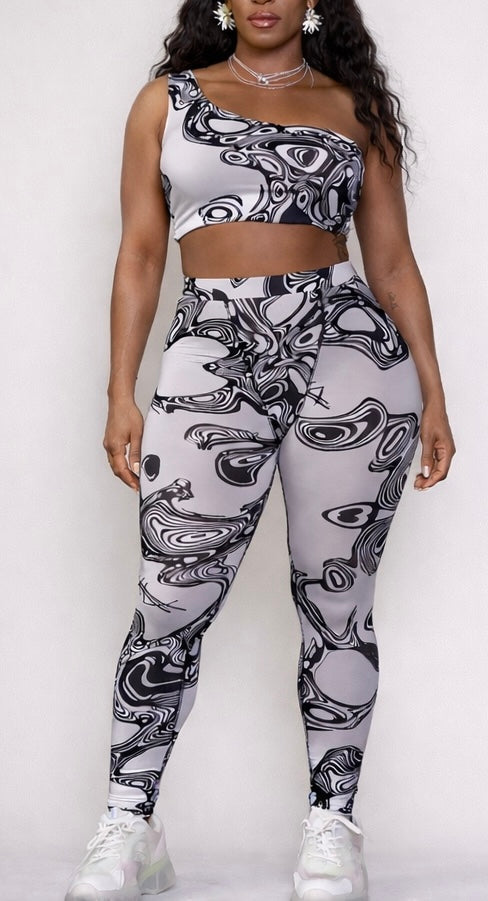 AYA by DK Signature Print One-Shoulder Sculpt Top & Leggings Set