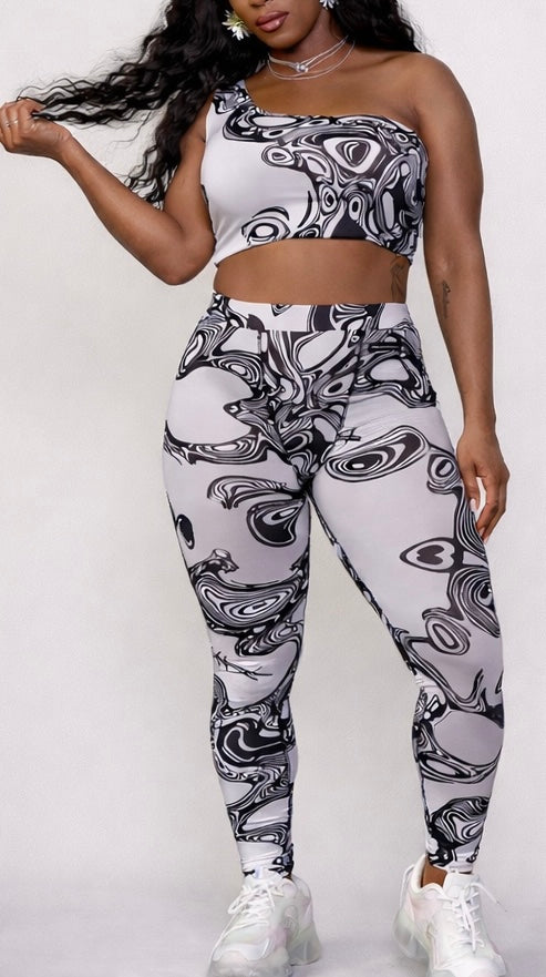 AYA by DK Signature Print One-Shoulder Sculpt Top & Leggings Set