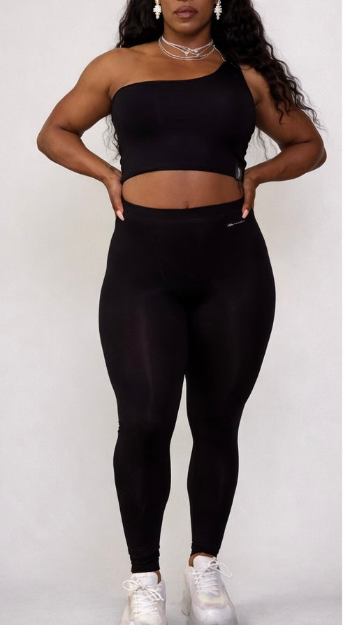 AYA by DK Black One-Shoulder Sculpt Top & High-Waist Leggings Set