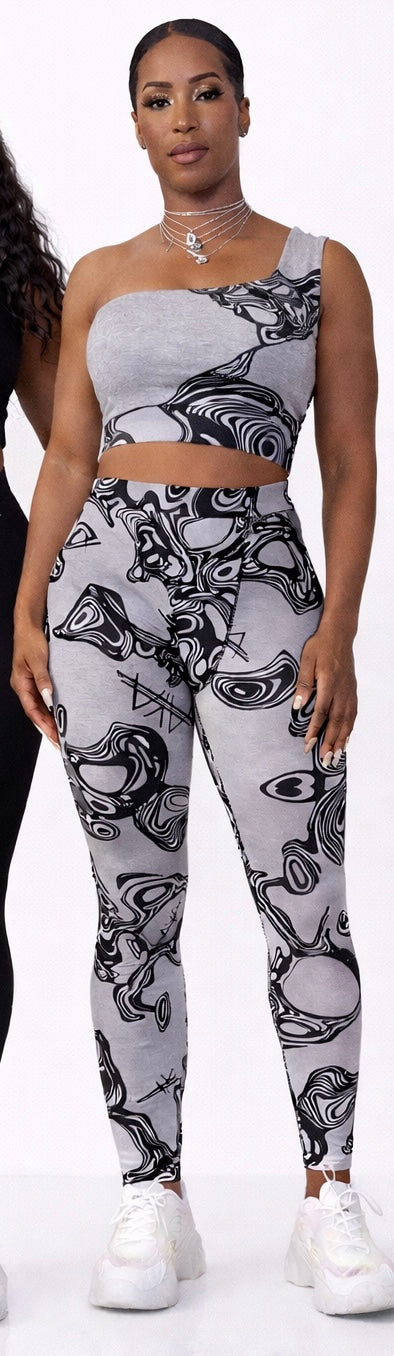 AYA by DK Grey Signature Printed One Shoulder Sculpt Top & High-Waist Leggings