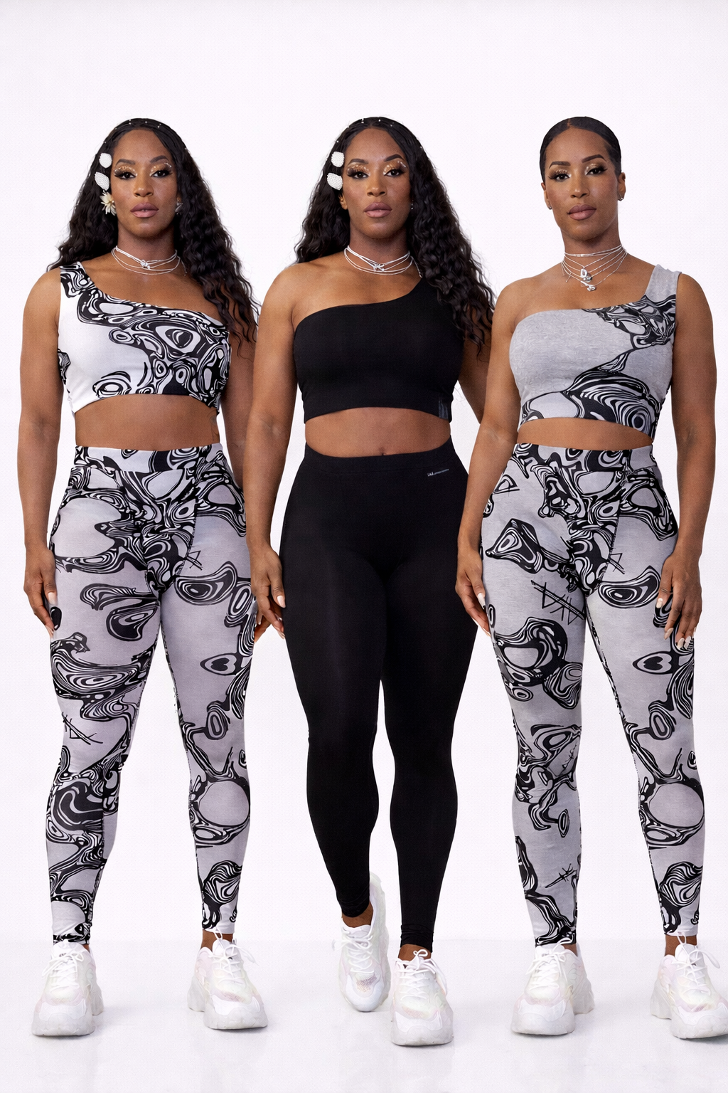 AYA by DK Grey Signature Printed One Shoulder Sculpt Top & High-Waist Leggings
