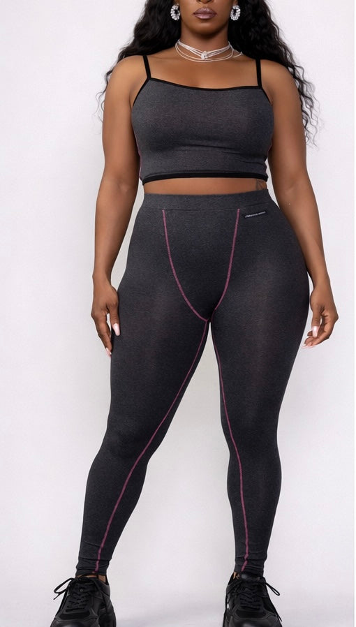 AYA by DK Charcoal Sculpt one Shoulder Top & High-Waist Leggings Set