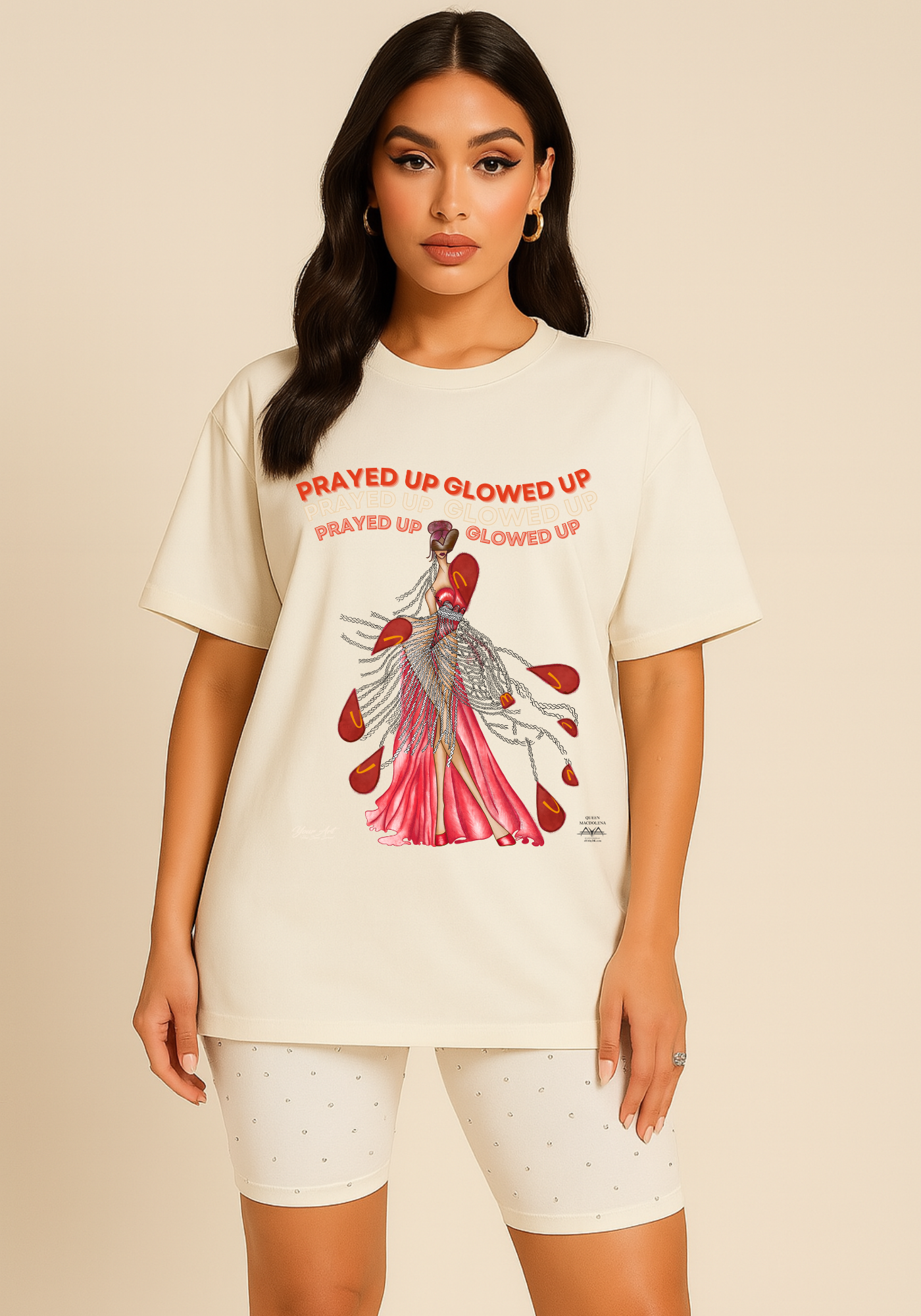 Macdolena Queen “Prayed Up & Glowed Up™” T-Shirt – AYA by DK | Abundance & Sustainable Faith Fashion