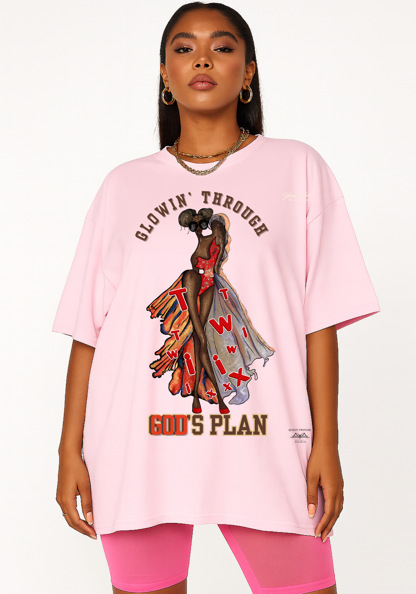 Twinnie Queen “GLOWING THROUGH GOD’S PLAN™” T-Shirt – AYA by DK | Sweet Spiritual Streetwear