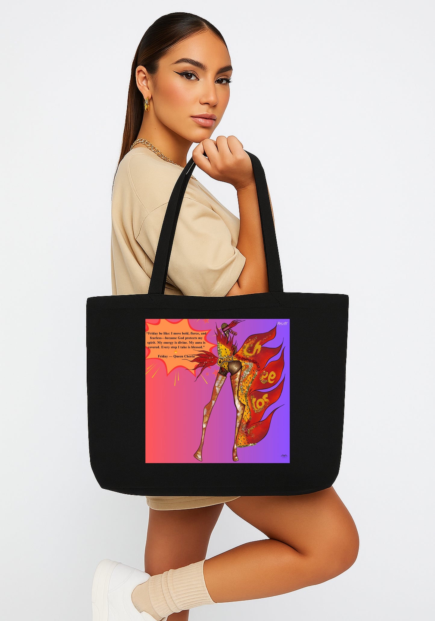 Queen Cheeta Inspired by Cheetos Organic Cotton Tote Bag | Sustainable Art Tote by Dina Kabdolla