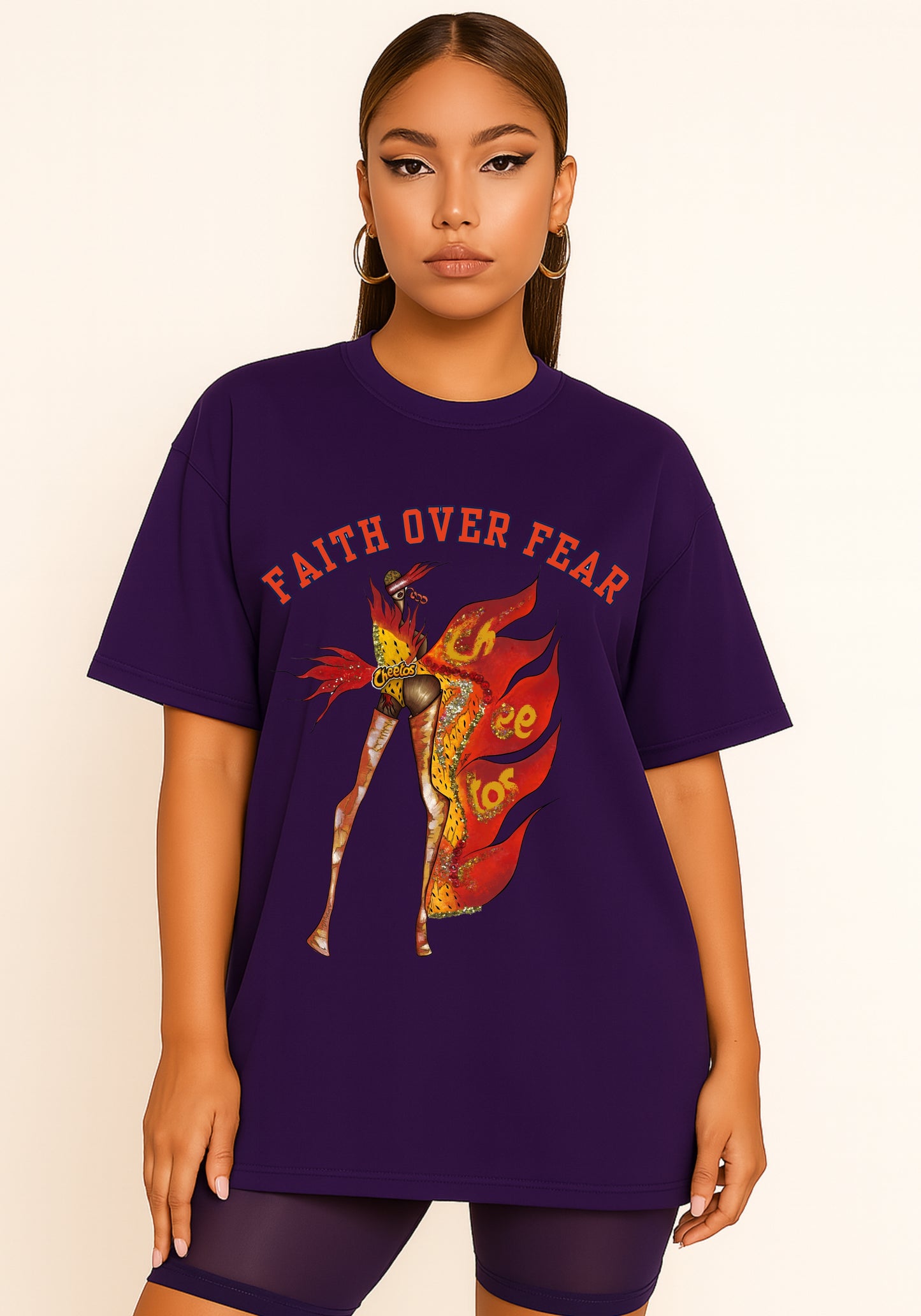 Cheeta Queen “Faith Over Fear™” T-Shirt | Cheetos-Inspired Christian Tee | Fire Faith Streetwear | Eco-Art Fashion | AYA by DK
