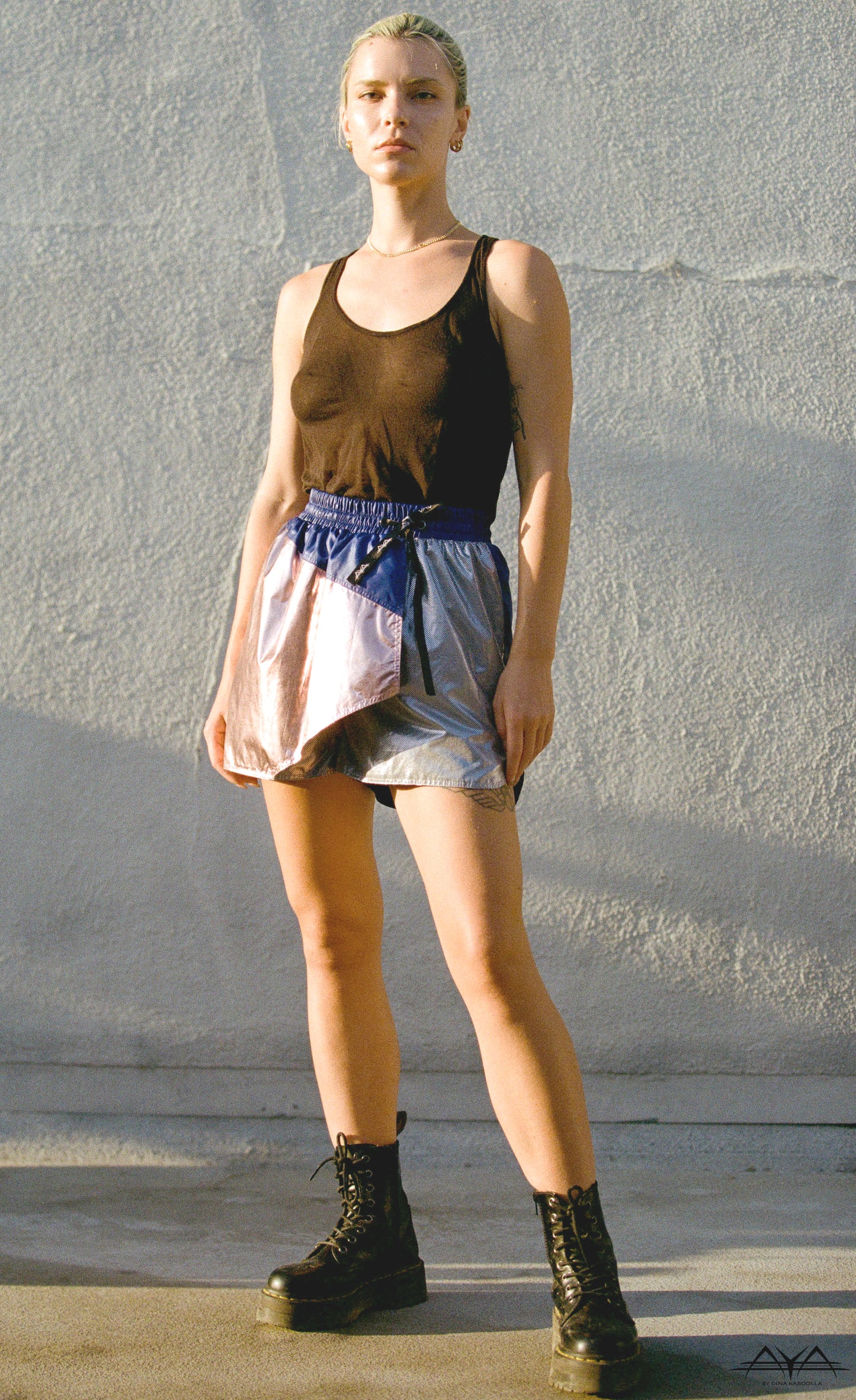 ASYMMETRIC FRONT SHORTS/SKIRT WITH MULTI COLOR BLOCKS